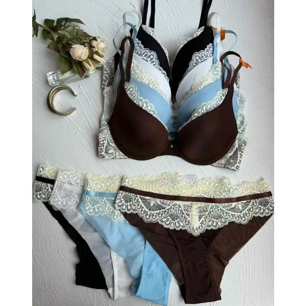 EU/USスタイルセクシープッシュアップブラ＆パンティーセット – レーストリム付きサテンカップ、薄手のトップ＋厚手のボトムで自然なリフトと曲線を実現