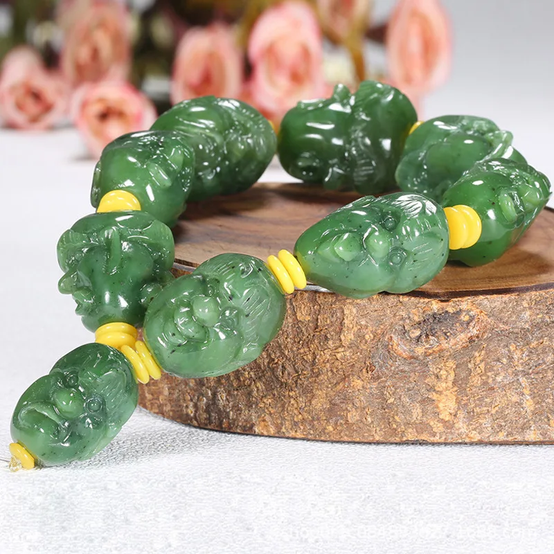 

Hetian Jade Jasper Восемнадцать Архат Шпинат Зеленый Будда Браслет Мужчины
