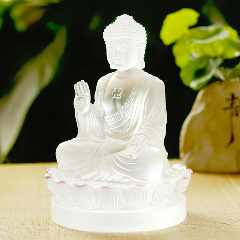 Handmade transparente branco vidros Buda estátua, artesanato presente, Maitreya Buda estátua, uso em casa e templo