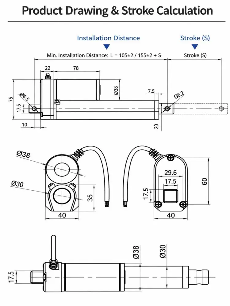 MP0150 12/24V DC Linear Actuator, Heavy Duty High Thrust Electric Push Rod, 10mm/s Speed, Adjustable Stroke 50–550mm, Rainproof view 5
