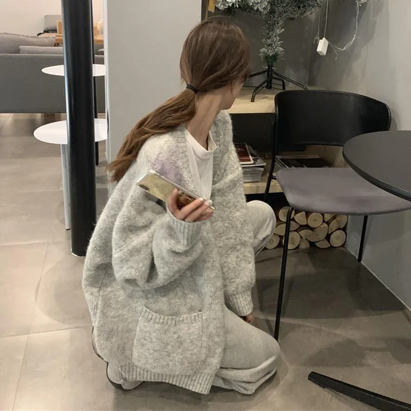 Lucyever Gray Sweater Cardigan for Female Harajuku Lazy Style Soft Knitted Cardigans Women Casual All-Match Loose Knitwear Coat