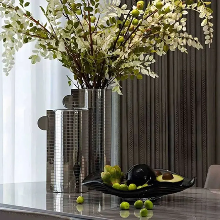Modern light luxury style horizontal striped metal flower vessel model house sales office  soft decoration furnishings