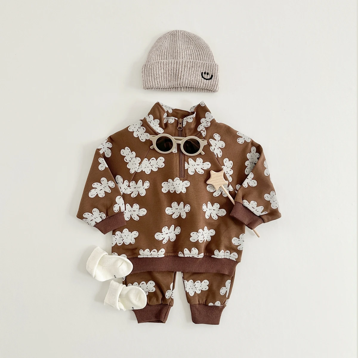 Spring Autumn Cute Set Baby Girls Fashion Cloud Print Zipper Pullover Tops + Cotton Sweatpants Boys Loose High Quality Tracksuit