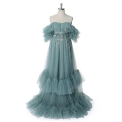 Off the Shoulder Ocean Blue Tiered Embroidery Flower Tulle Matrenity Photo Shoot Dress YW240002