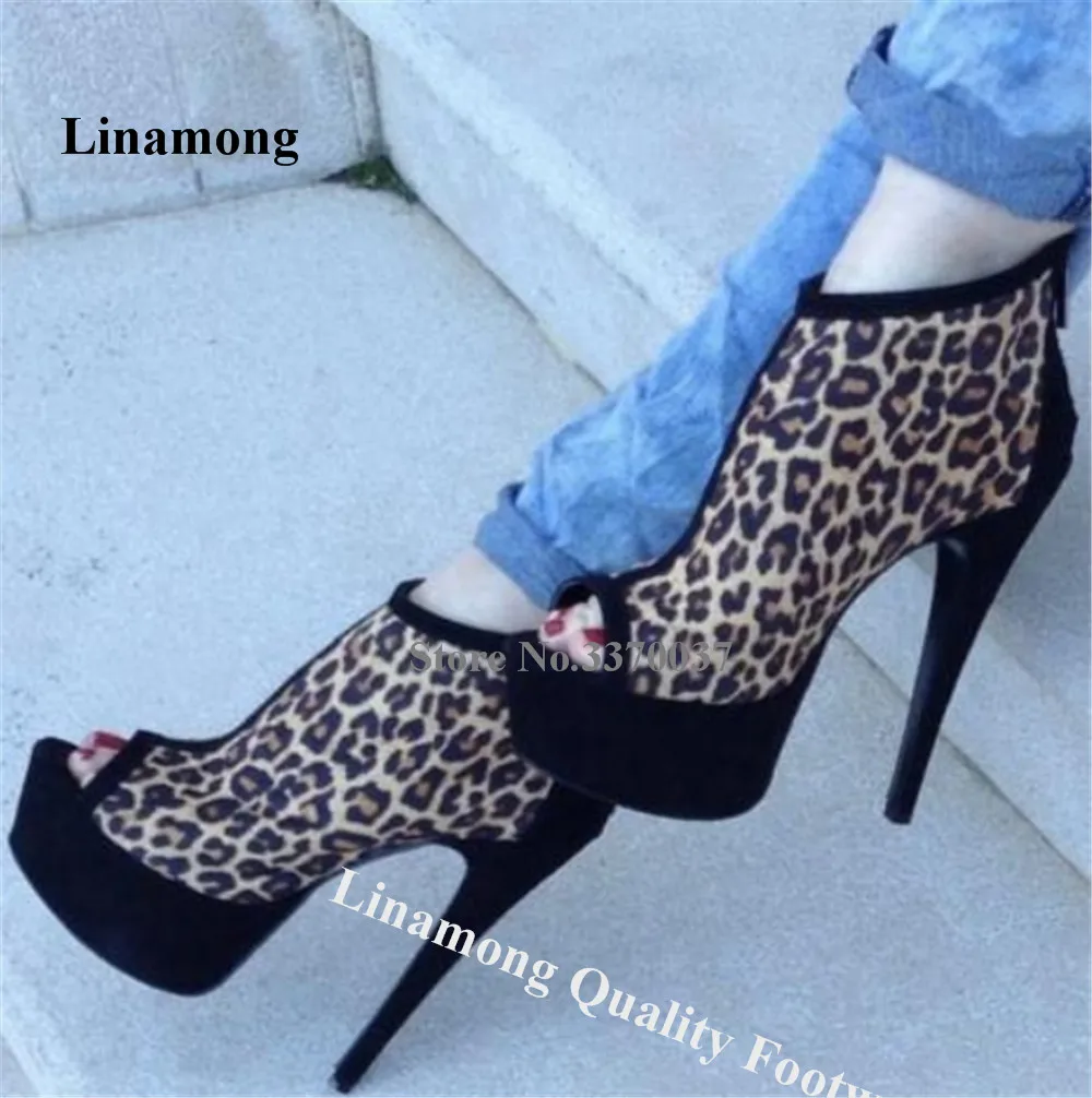

Linamong Elegant Leopard Patchwork Black Stiletto Heel Short Boots Peep Toe Suede Zipper-up High Platform Thin Heel Ankle Boots