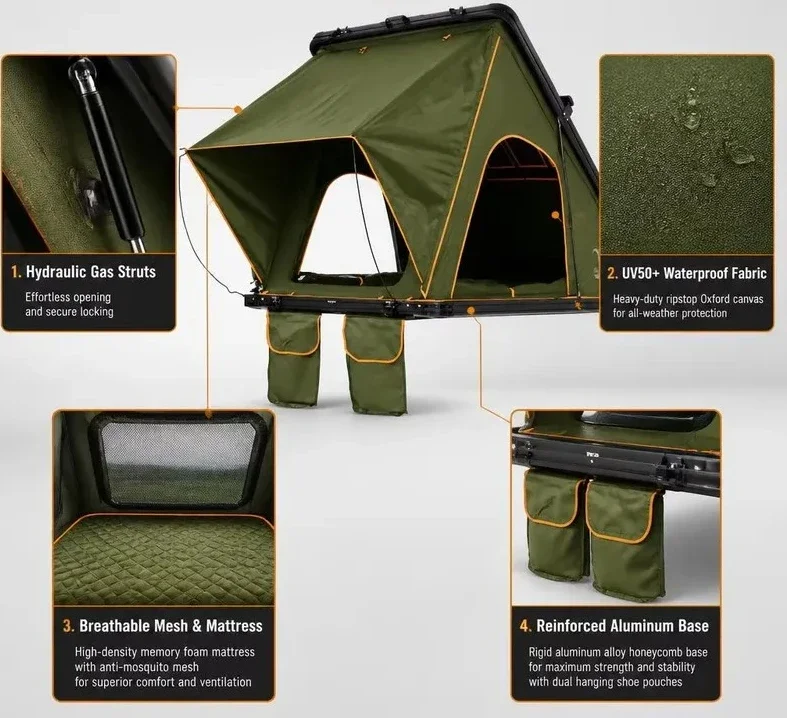 ABS Hard Shell Triangular Roof Top Tent, Off-Road Car Camping RTT with Oxford Cloth Liner, 3000mm Waterproof Spacious Interior