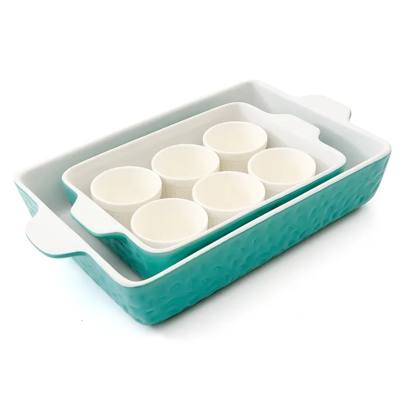 

Porcelain pan and lasagna rectangular pan and 6 small moulds ceramic pan set baking cups and trays