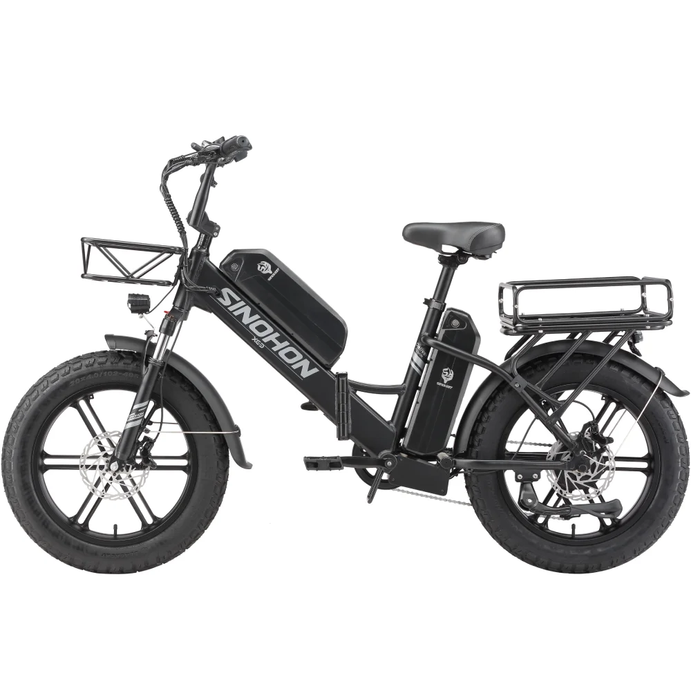 Vélo cargo électrique SINOHON C20, moteur brushless haute vitesse 500W, batterie amovible 48V 749Wh 1056Wh, pneus larges 20x4.0, freins à disque hydrauliques, 7 vitesses, style pliable, longue autonomie, vélo électrique, autonomie maximale 120 km, vitesse maximale 45 km/h, vélo électrique de ville et de montagne.