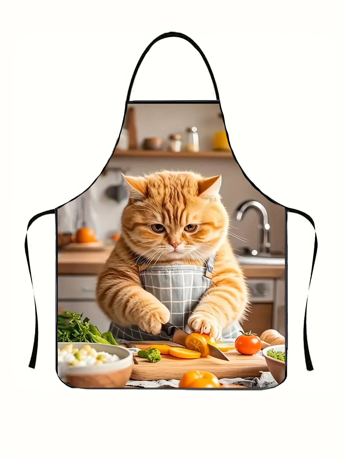 

1 шт. забавный фартук с рисунком кулинарного кота-полиэфирная ткань, очаровательный дизайн имбиря-кота с кухонной утварью