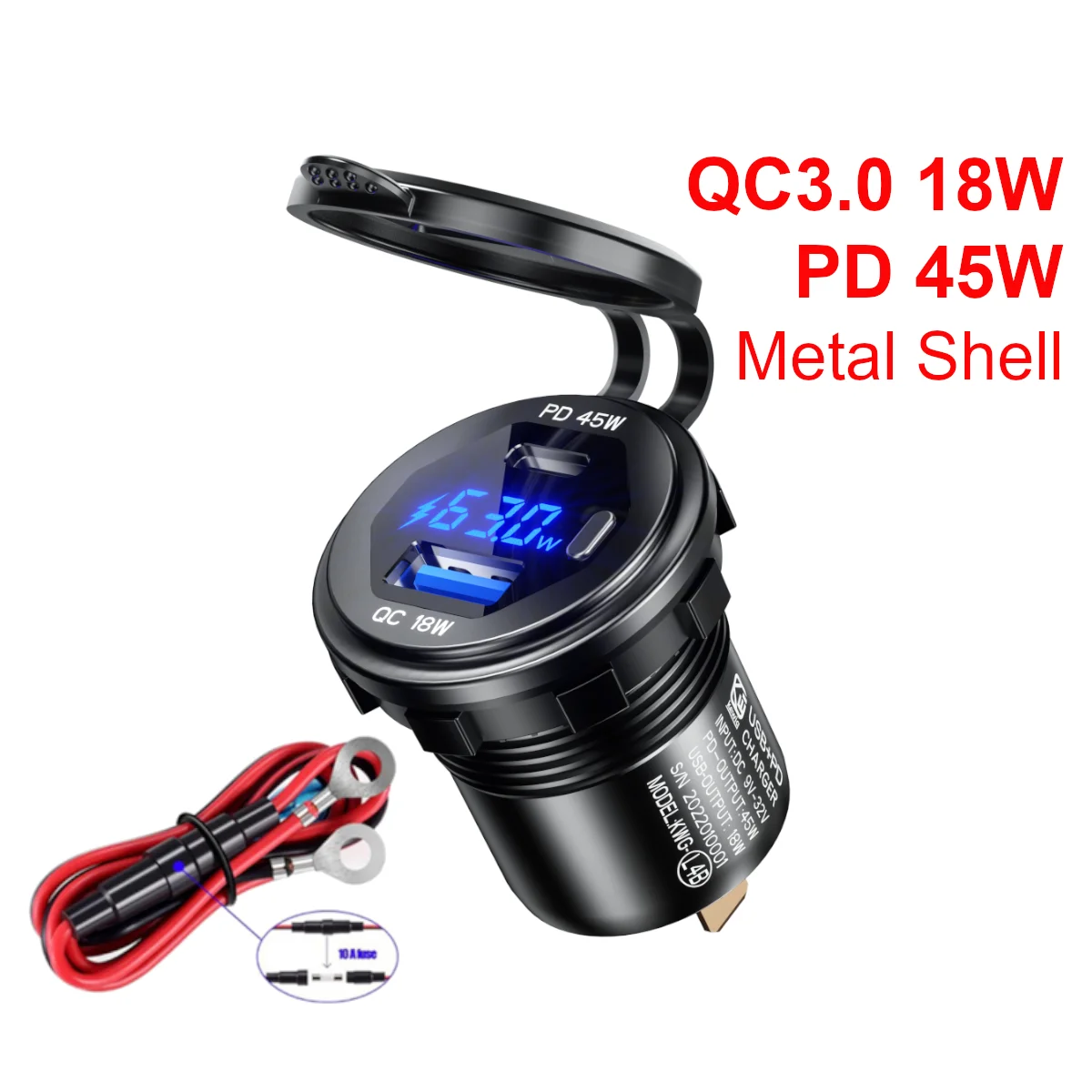 45W Type-C PD QC3.0 USB Car Charger Socket 12V 24V Fast Charge Voltmeter Switch Alloy Shell for Auto Truck Boat RV Bus Motor