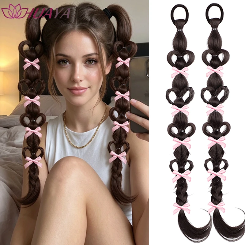 Love Heart Bubble Braided Ponytail Wig With Pink Bow Synthetic Hair Extension