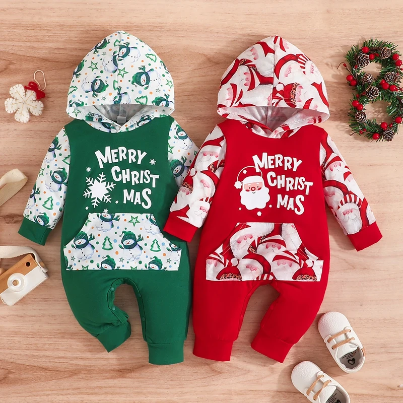 

Suefunskry Infant Baby Sweatshirt Romper Christmas Santa/Snowman Print Long Sleeve Hoodies Jumpsuit for Newborn Fall Clothes