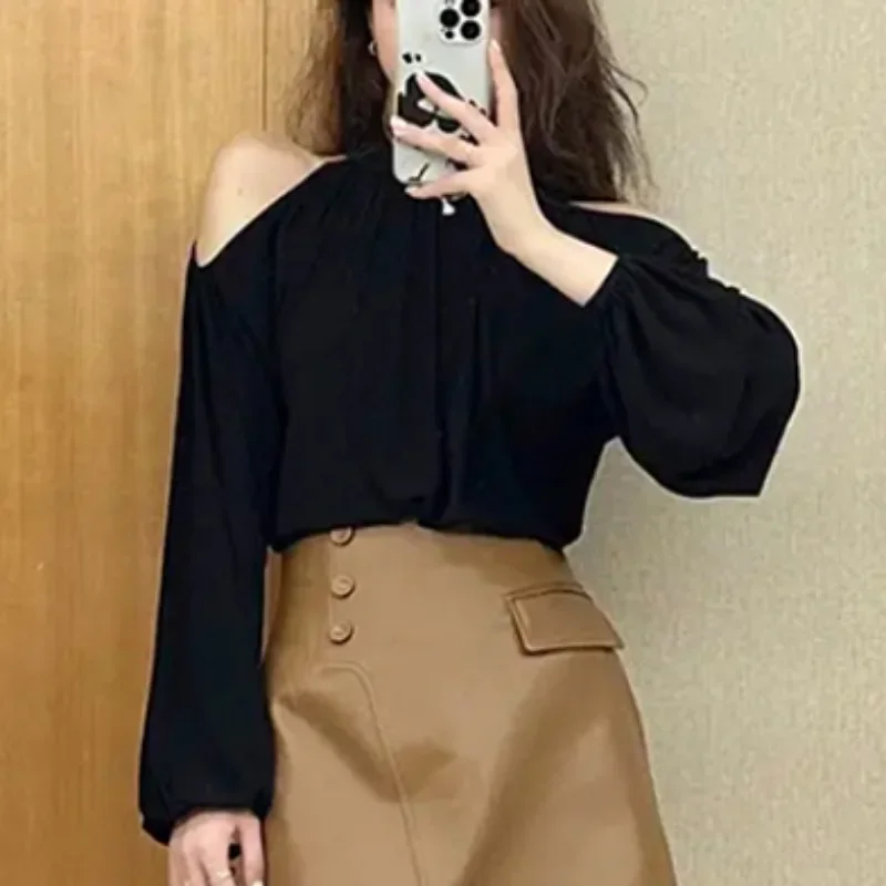 2024 Autumn Casual Fashion Off Shoulder Top Vintage Women Long Sleeve Shirts Female Loose Blouses Girl Ladies Tops 28363