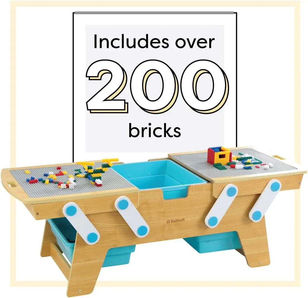 อาคารอิฐ Play N Store โต๊ะไม้,ของเล่นเด็กพร้อมถังขยะ,รวม 200+ Building Blocks,ธรรมชาติ,ของขวัญสําหรับ Ag