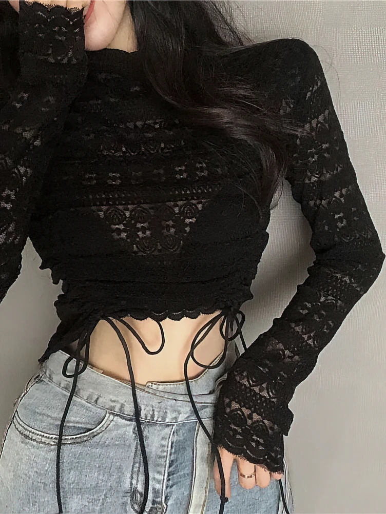 Korean Turtleneck Lace Tops Blouse Women Long sleeve Basic T Shirt Crop Top Sexy Tees  Dongdaemun Youthful2024 New