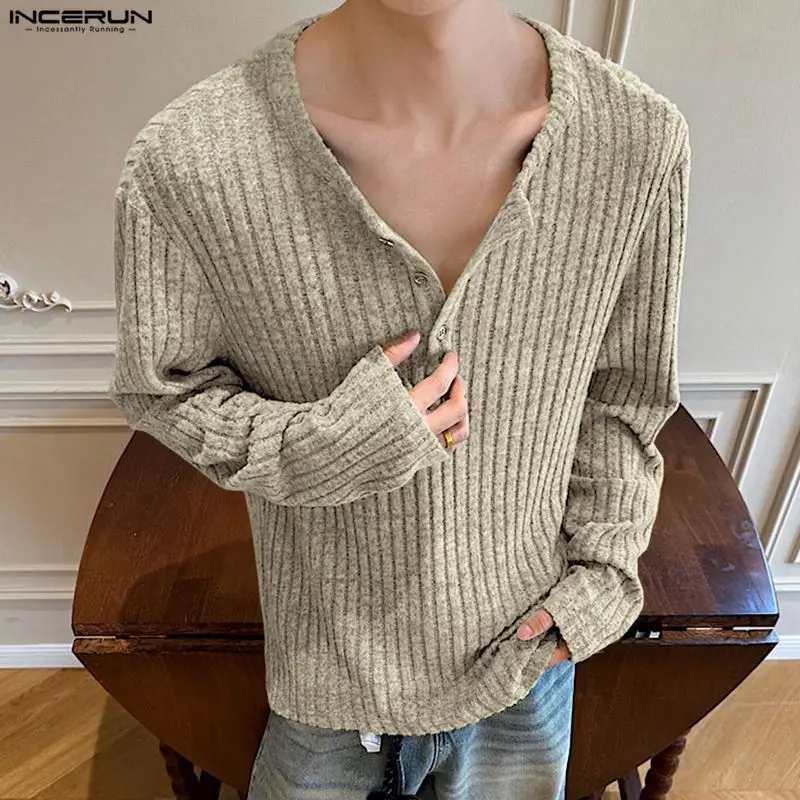 Incerun camisa masculina cor sólida de malha manga longa casual roupas masculinas streetwear estilo coreano primavera outono moda masculina topos