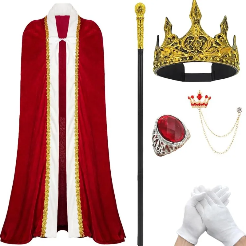 

New Medieval Retro King & Queen Costume Set for Adults with Crown & Scepter, Cape Regal Crown Scepter for Men Carnival Cosplay