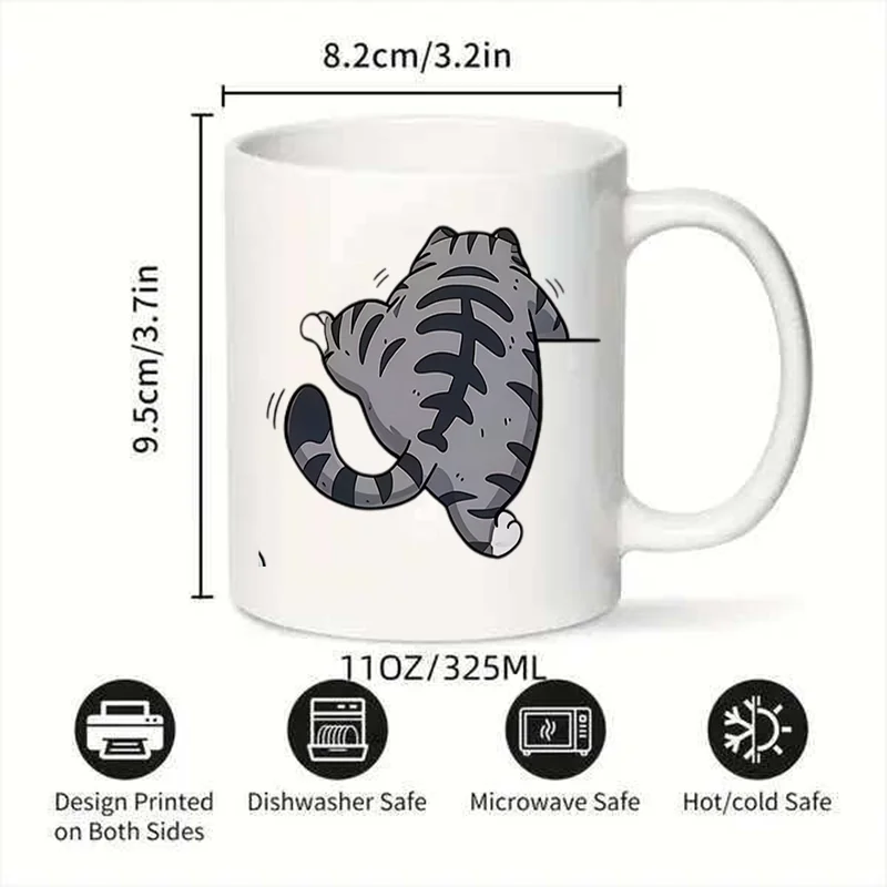Cartoon Cat Back Print Ceramic Coffee Mug, 11oz 350ml Colorful Print Mug, Personalized Custom Cute Aesthetic Mug, Microwave Safe