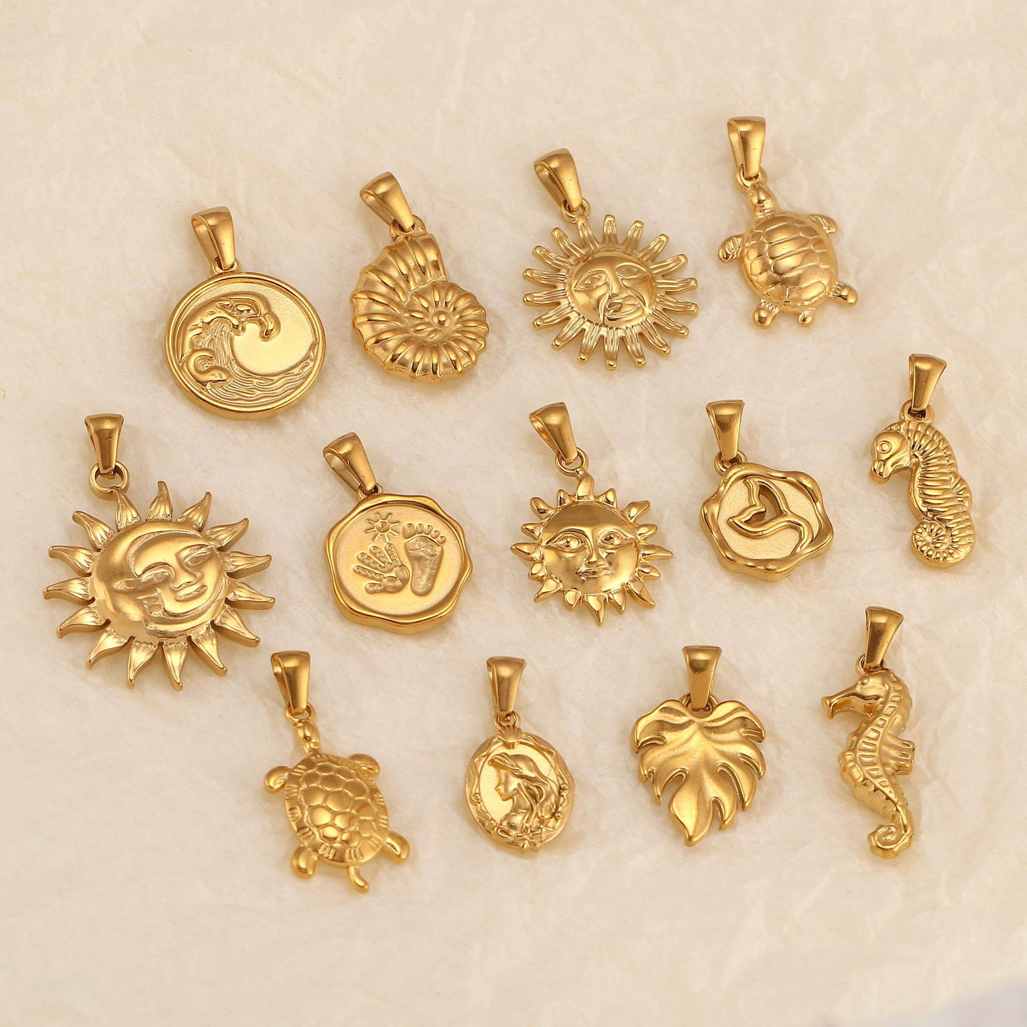 Emboss Face Moon&Sun Charms Stainless Steel Marine Animals Conch Turtle Pendant Jewelry Making Supplies DIY Necklace Accessories