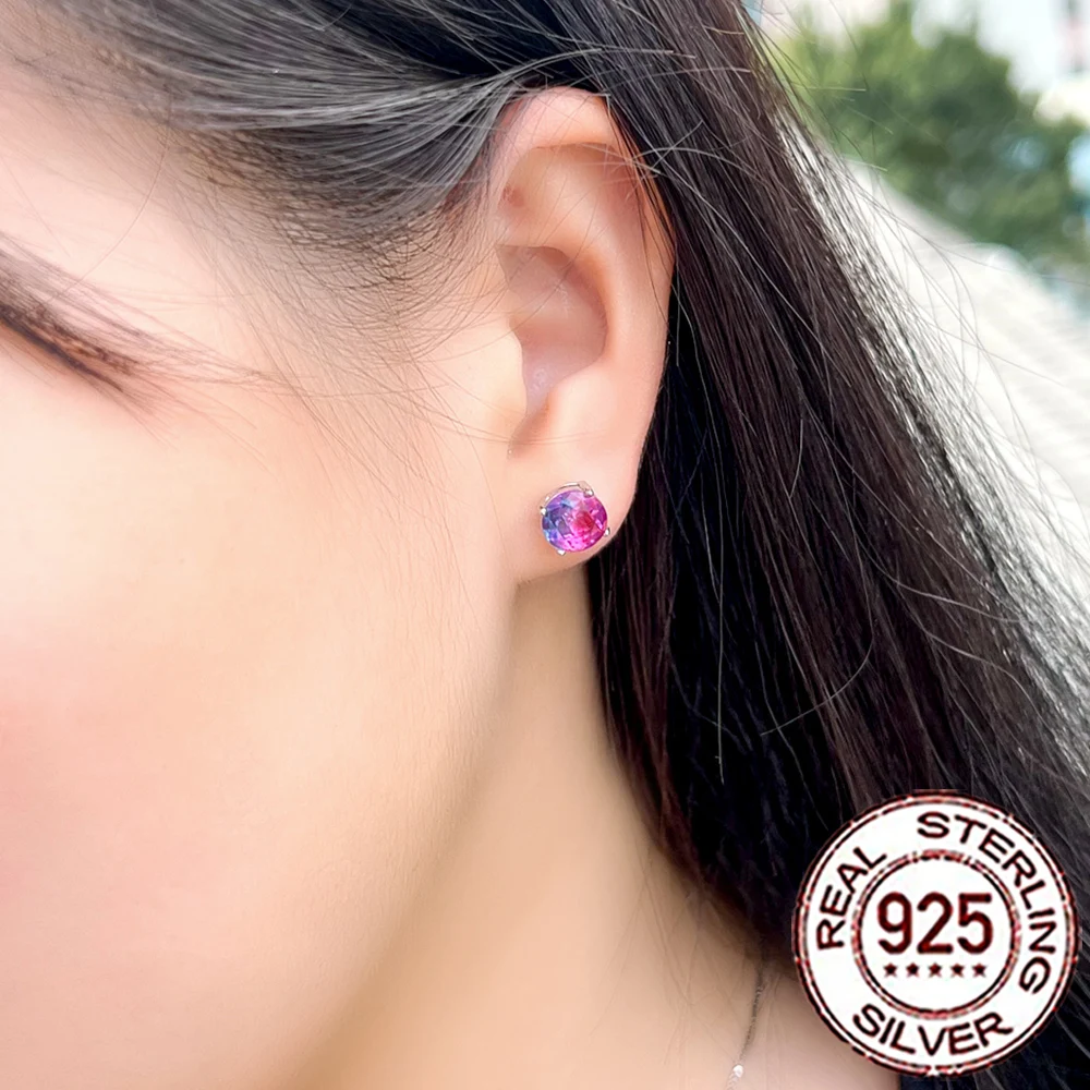 CWWZircons 925 Sterling Silver Delicate Rainbow Mystical CZ Crystal Round Stud Earrings for Women Daily Party Fine Jewelry SE050