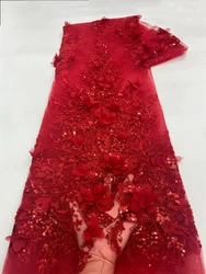2026 High Quality African 3D Flower Embroidery Beaded Lace Fabric Handmade French Tulle Lace Fabric for Wedding Dress VXZ6120