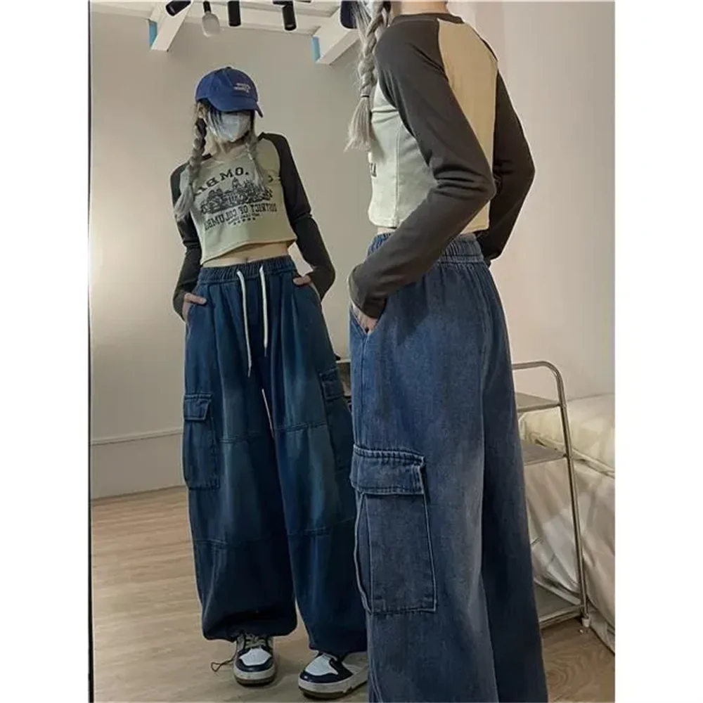 Female Hip Hop Trousers Pockets Streetwear Loose Patchwork Y2k Baggy Cargo Jeans for Women Oversize Wide Leg Denim Pants