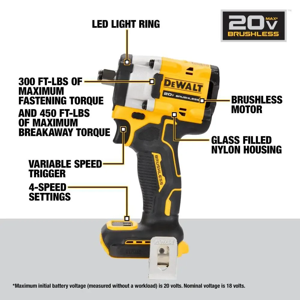 Dewalt ATÓMICO, DCF921™Chave de Impacto sem Fio com Bigorna de Anel Quente, Ferramentas Elétricas de Lítio, Ferramenta Bare, 1 in, 2in, 20V