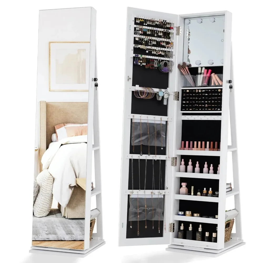 

360° Swivel Jewelry Cabinet w/Full Length Mirror Back Shelves Lights for Bedroom