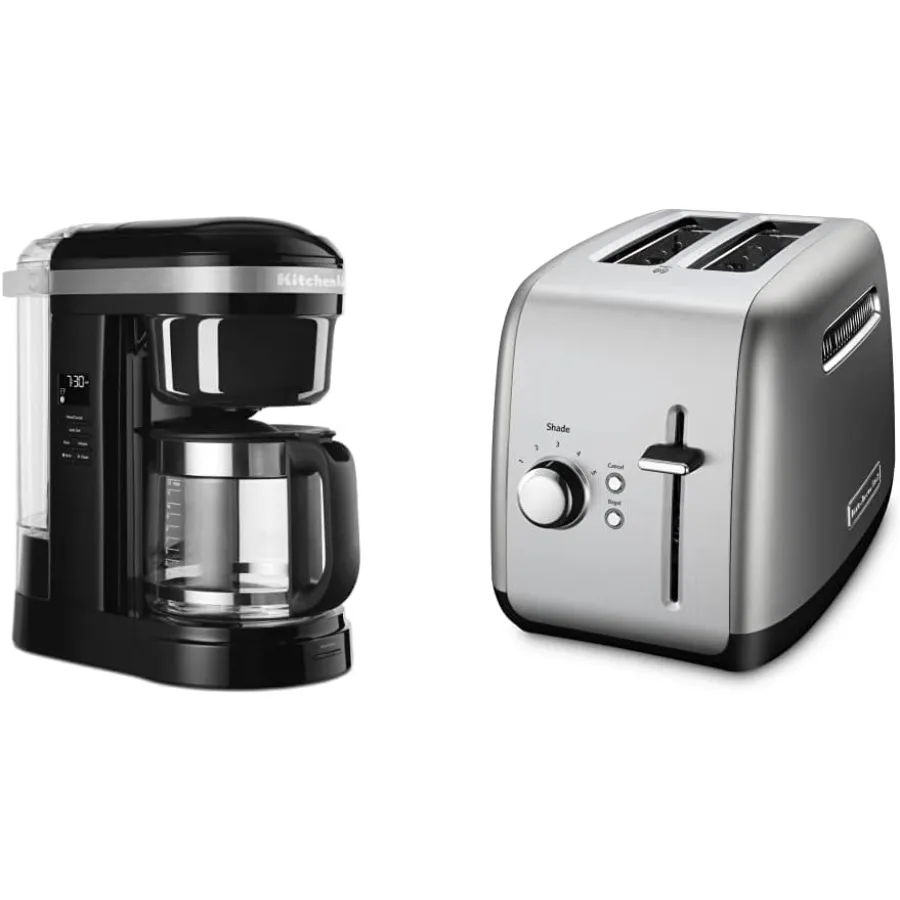 Set di caffettiera da 12 tazze e tostapane da 2 fette in finitura argentata per l'uso in cucina domestica offre spegnimento automatico e marrone regolabile