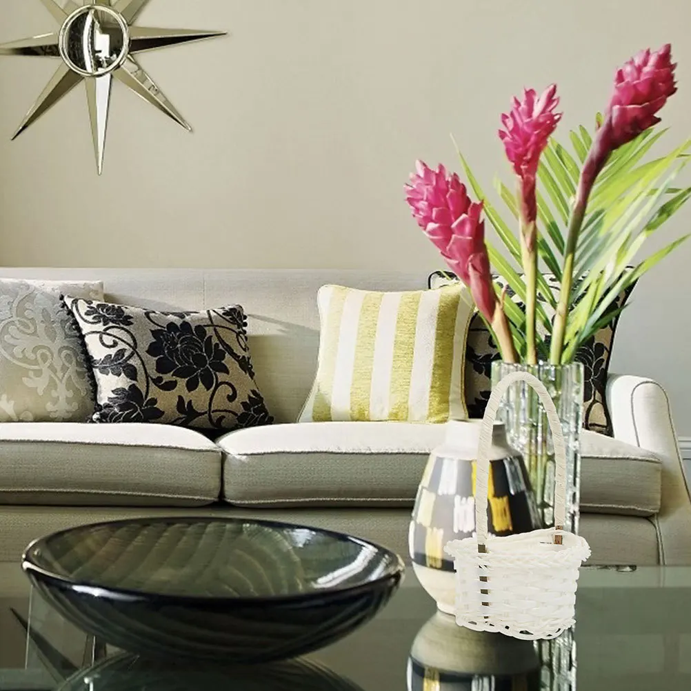 

5Pcs Woven Storage Baskets Premium Plastic Rattan Bamboo Material Rustic Desktop Bathroom Kitchen Organizer Decorative Handheld