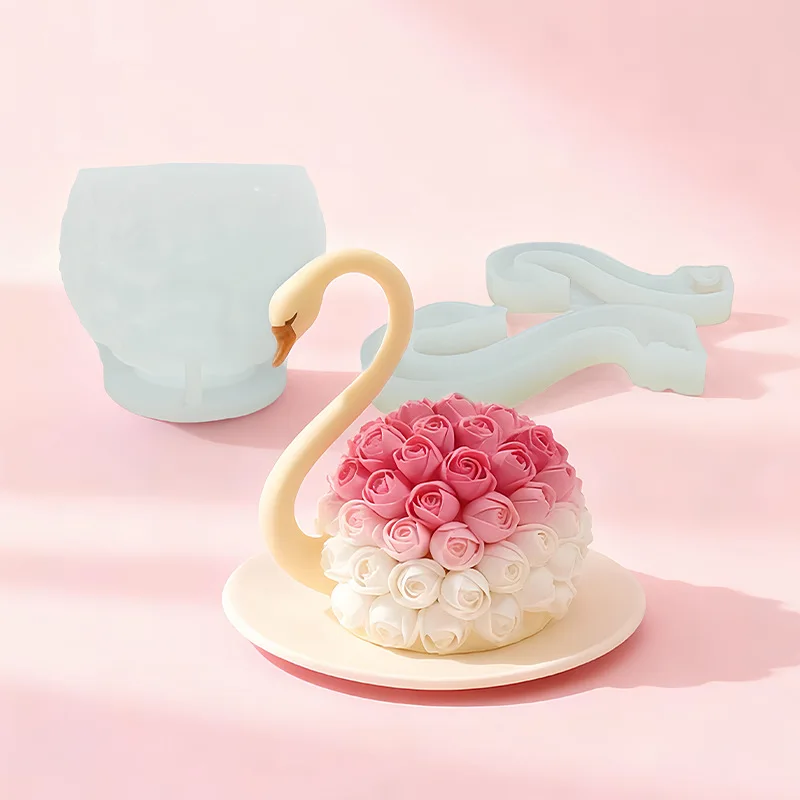 3d Rose Swan Mousse Cake Silicone Mold French Creative DIY Swan Head and Neck Flowers Body Chocolate Mold Cake Decorating Tools