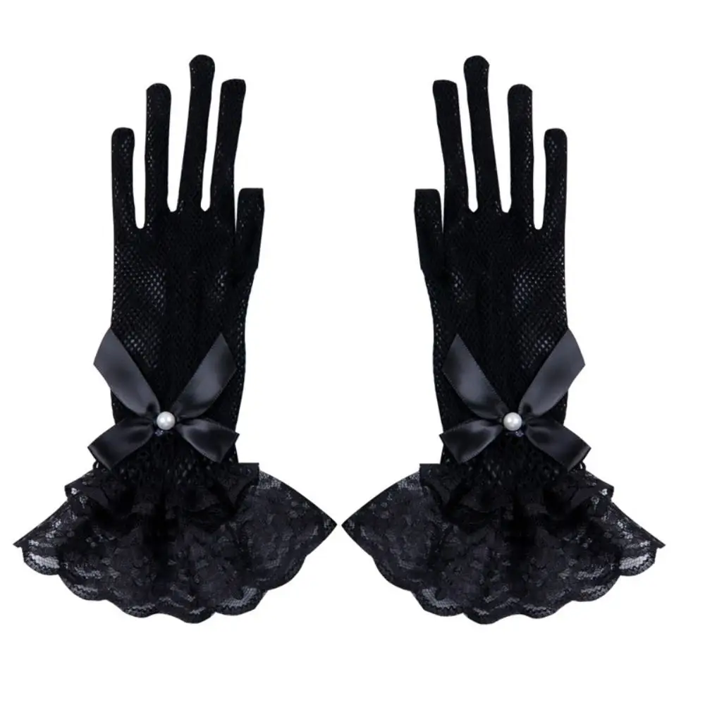 1pair Bride Stretchy Fishnet Lace Gloves Five-finger Hollowout Gloves with Lace Bow Tie Pearls Lolita Gloves Bride