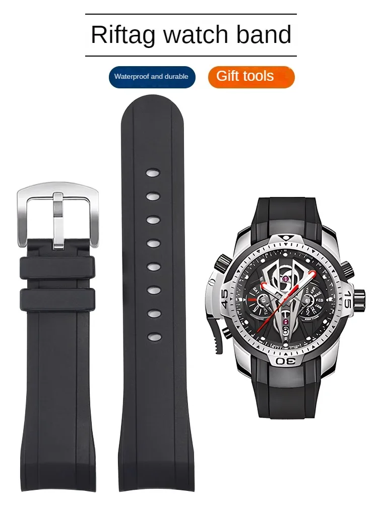 Adapted To R-ifteg RT Curved Rubber Waterproof Watch Strap with Black Greenham Racing Timing Silicone Watch Strap