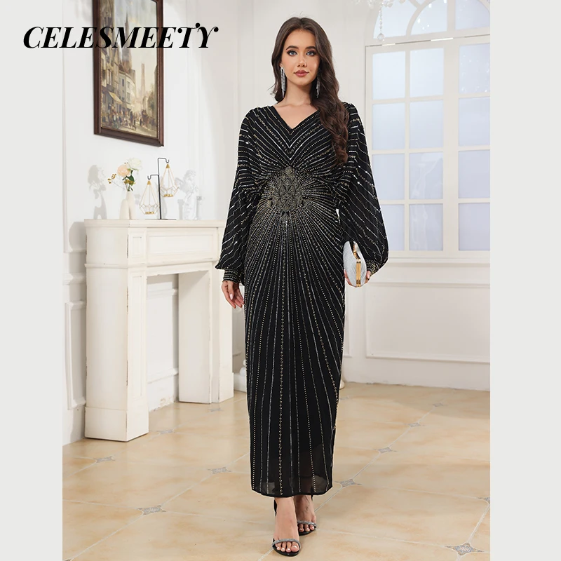 Luxury Royal Style Computer Glitter Beaded Embroidered Ball Evening Dress, Elegant Black Striped Chiffon Bat Sleeve Dress