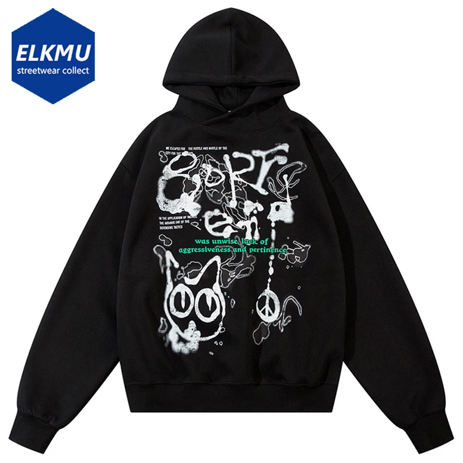 

2024 Men Streetwear Hip Hop Oversized Pullover Hoodie Graffiti Printed Black Loose Sweatshirts Harajuku Y2K Hoodies Unisex