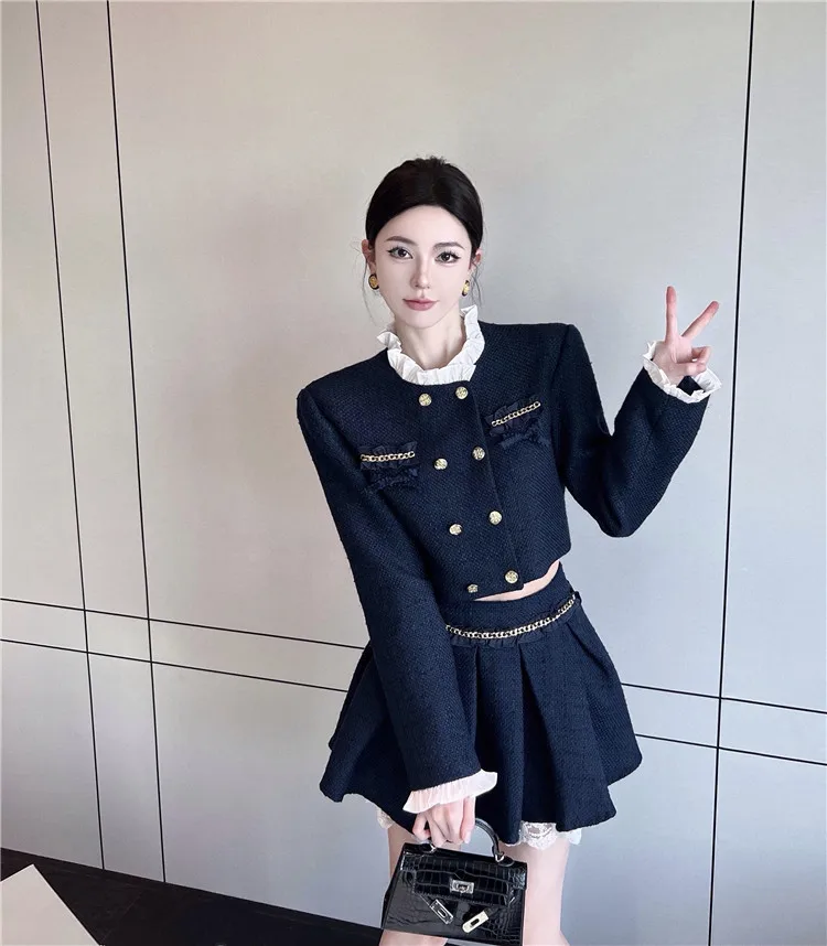 UNXX in Stock: Classic Ruffle Long Sleeve Wool Short Coat + High-Waist Lace Pleated Skirt Set, Women Female Office Lady Clothing