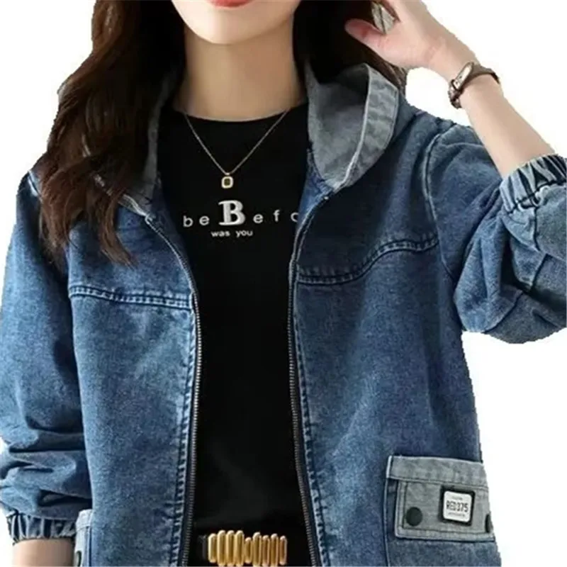 

Vintage Hooded Denim Jacket Women New Spring Autumn Korean Long Sleeve Tops Female Casual Jeans Coat Big Pocket Outerwear B1316