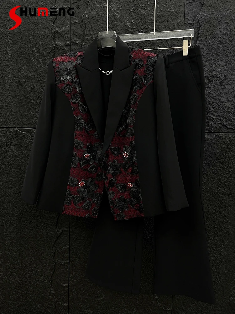 

2025 Autumn New Splicing Three-dimensional Embroidered Suit Sets Men's Fashion Loose Suit Micro Flared Trousers Two-piece Set