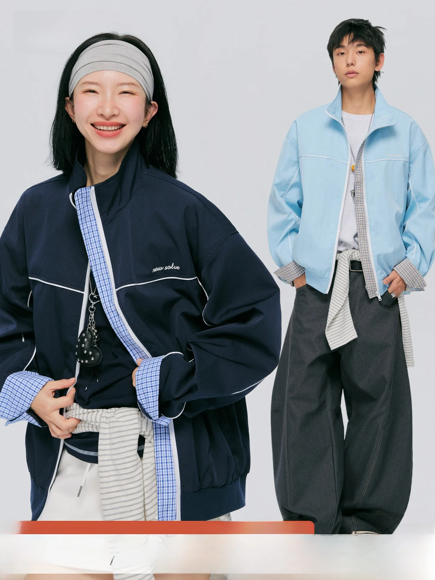

Tired American Style Plaid Splicing Stand Collar Jacket Loose Casual Top College Style Spring Outerwear for Couples