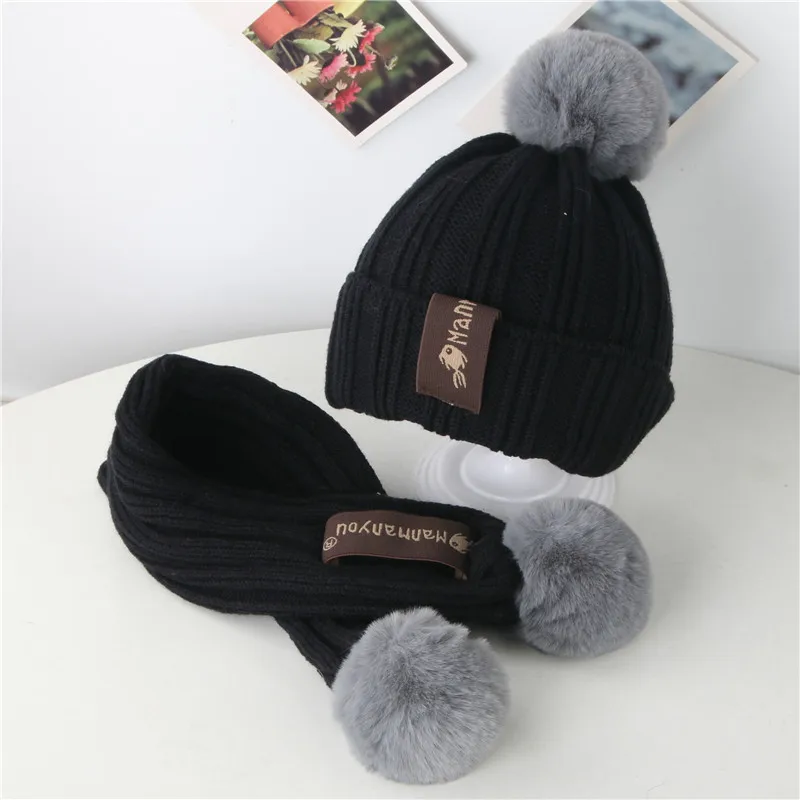 IYEAL Winter Boys And Girls Lovely Knitted Woollen Hats Children\'s Hat Scarf 2-Piece Set Baby Wool Hat Scarf Warm Thick Hat