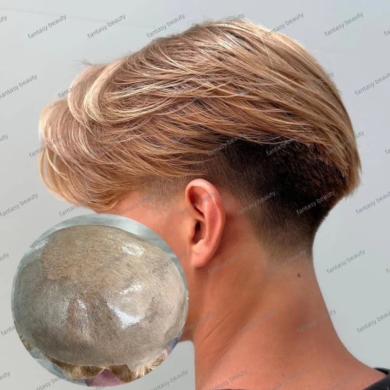 

Super Thickness Skin 0.04-0.05mm pu base men toupee 100%European human hair prosthesis man wig #20#22R#4#6 blonde brown Men' wig