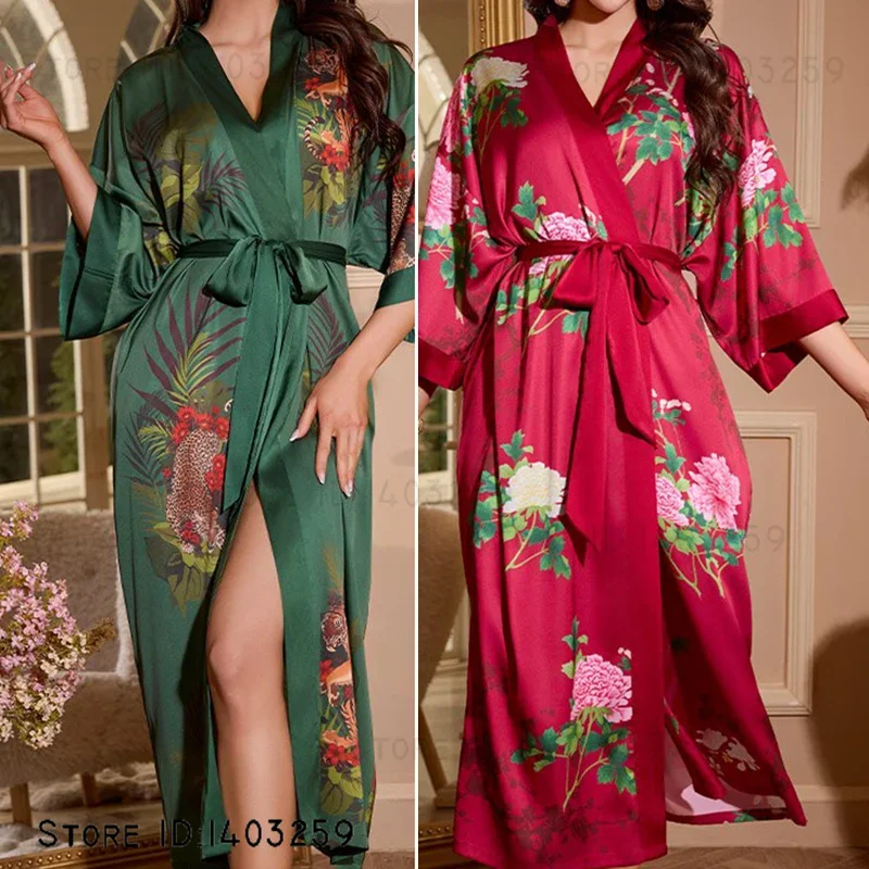 

Plus Size Women Long Robe Nightgown Print Flower Kimono Bathrobe Gown Home Dress Silk Satin Sleepwear Loose Loungewear Lingerie