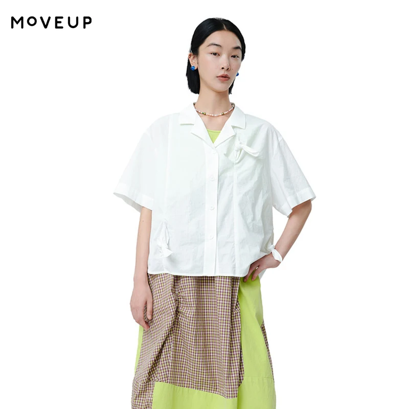 

MOVEUP Short Sleeved Shirt 2026 Summer New Office Lady Retro Pure Cotton Knot Button Drop Sleeves Casual Top For Women 125220404