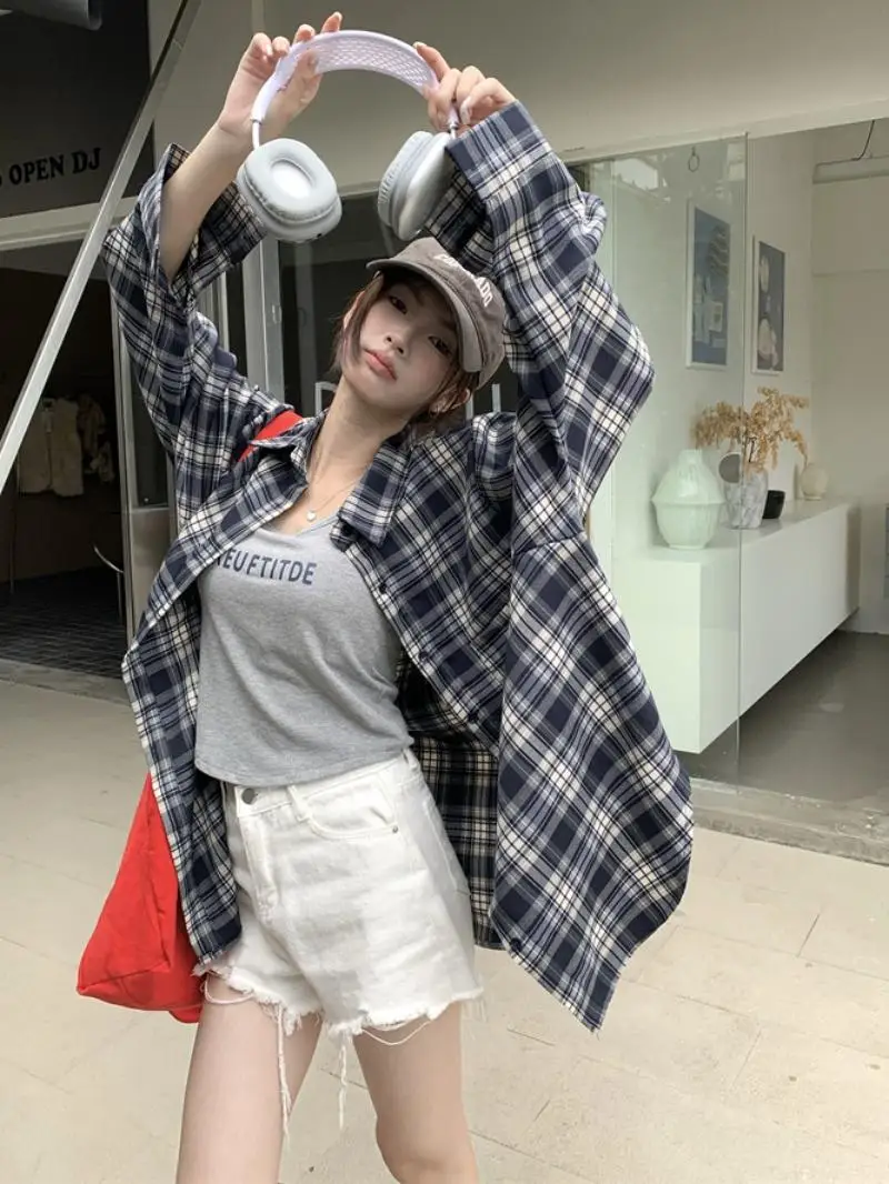 

plus Size Fashionable Two-Piece Set with Chest Pad Plaid Long Sleeve Shirt Jacket Overlap Wear Commute Korean Style Loose Fit