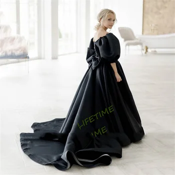 Elegante vestido de cetim preto com arco para meninas, cinto de cristais brilhantes mangas inchadas, vestido florido para casamento, vestidos de primeira comunhão, 2023