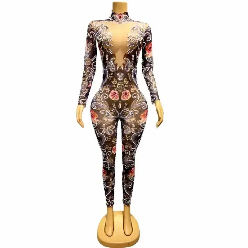 2023 Tute da donna Cristalli di fiori Drag Queen Outfit Compleanno Costume da spettacolo teatrale Festeggia l'abbigliamento da festival con strass