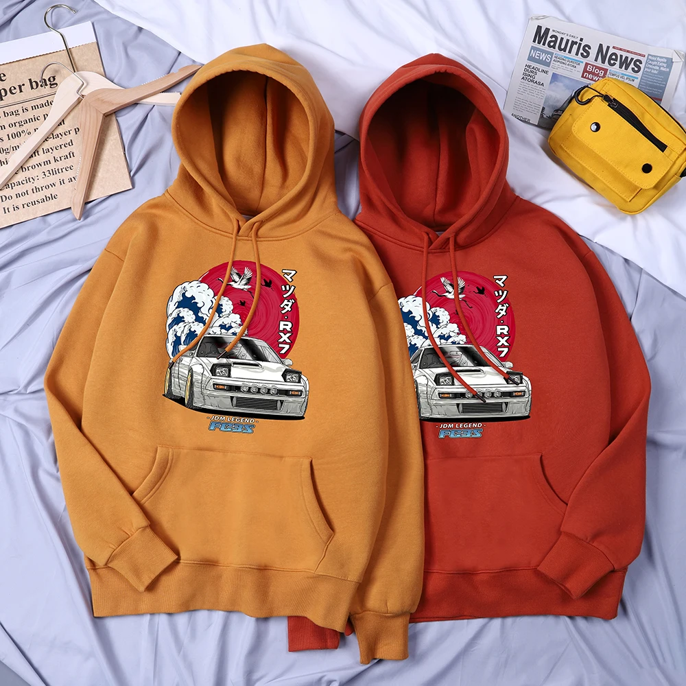 Japanese Car Waves Crane Red Sun Print Man Hoody Oversize Warm Sweatershirt Warm Casual Pullover Casual Oversize Male Clothes