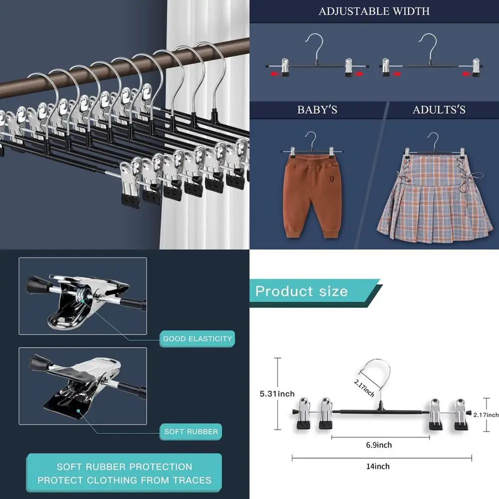 

14Inch 50PACK Pants Hangers with Clips Adjustable Skirt Hangers for Women Black Metal Non-Slip Trousers Hanger Heavy Duty Space