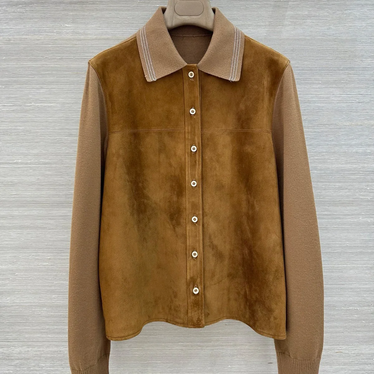 High Quality Women Lapel Spliced Long Sleeve Shirt Knit Cuff Button Blouse lyt26102018