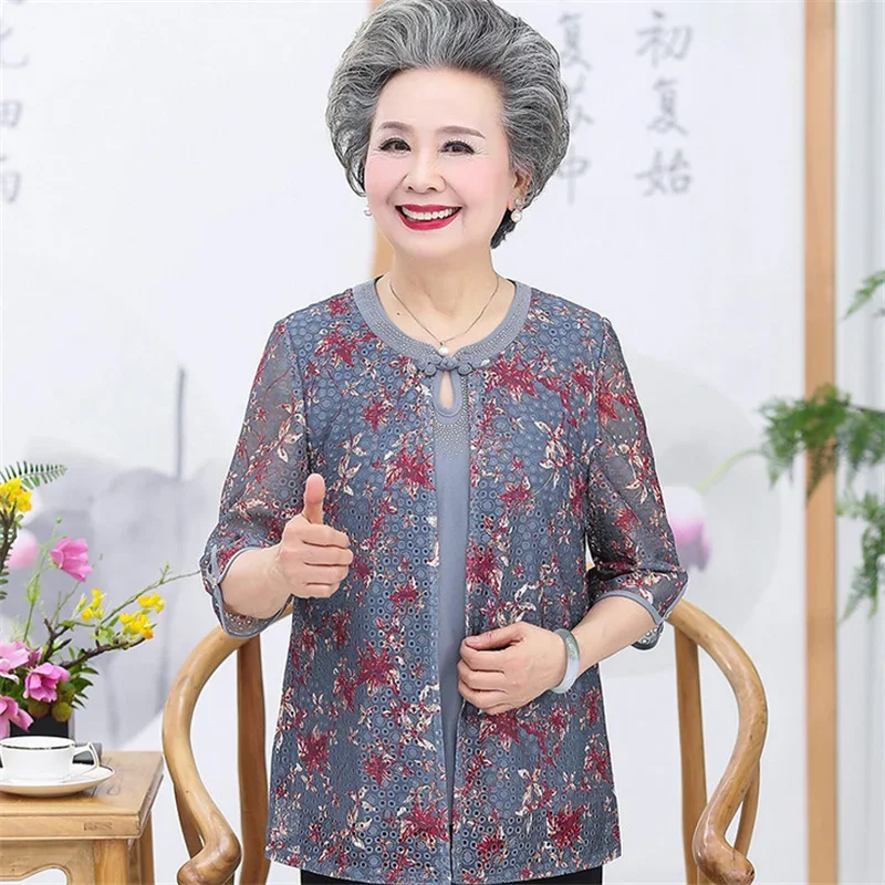 Fake Two Pieces Shirt Women Lace Hollow Half Sleeve Tops Summer Grandma Clothing Stretch  Middle Age Mother Blouse V252